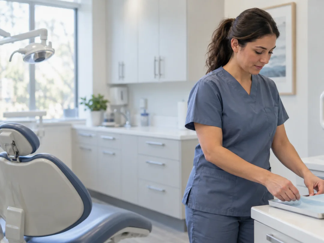 Illustrative dental assistant preparing a bright treatment room